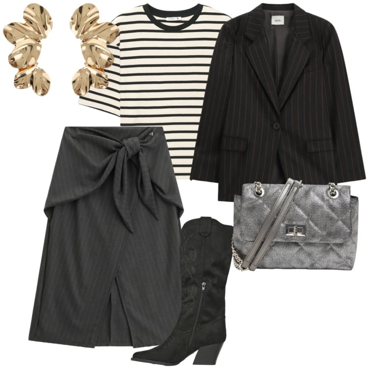 Outfit donna - Orecchini dorati. per Serata fuori. Abbinamento con stivali, borse a tracolla, t-shirt, gonne longuette, orecchini, blazer.