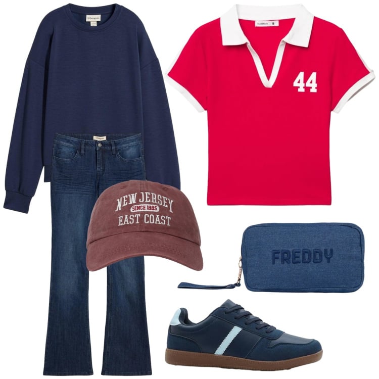 Outfit donna - Sportivo e trendy. Stile Casual per Tutti i giorni. Abbinamento con sneakers, jeans a zampa, felpe, polo, cappelli con visiera, pochette.