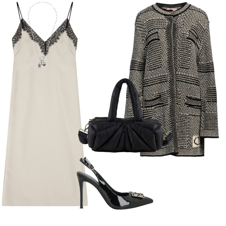 Outfit donna - Tra di noi. per Serata fuori. Abbinamento con cappotti, décolleté, vestiti midi/longuette, ciondoli, borse a mano.