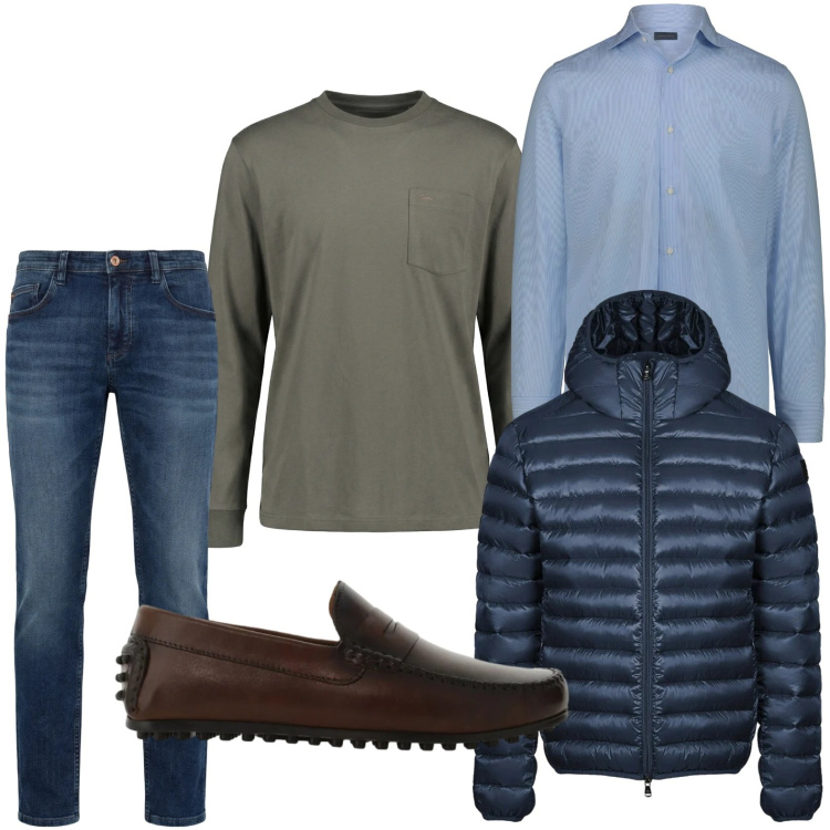 Outfit uomo - Il giubbotto blu navy. Stile Casual per Tutti i giorni. Abbinamento con t-shirt, jeans, scarpe stringate, bomber, camicie.