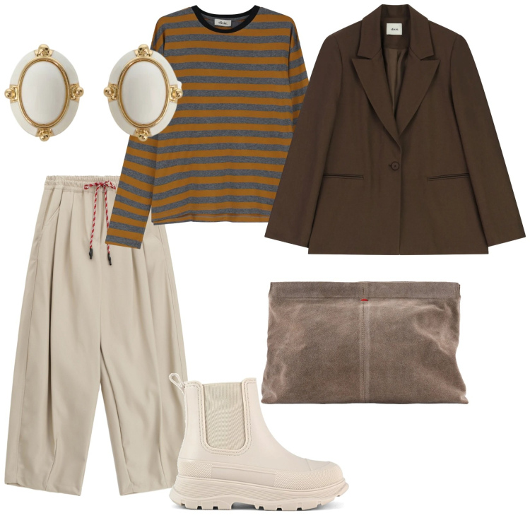 Outfit donna - Marzo. per Tutti i giorni. Abbinamento con t-shirt, pantaloni a palazzo, orecchini, blazer, stivali, pochette.