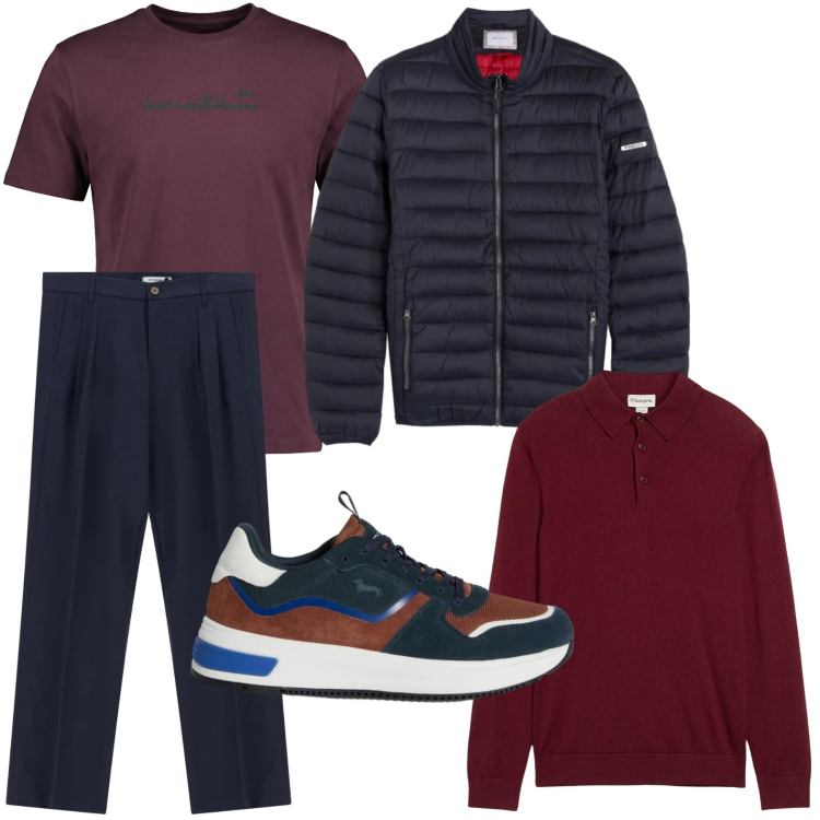 Outfit uomo - Wine e blu. Stile Casual per Tutti i giorni. Abbinamento con maglieria, sneakers, t-shirt, pantaloni, piumini.