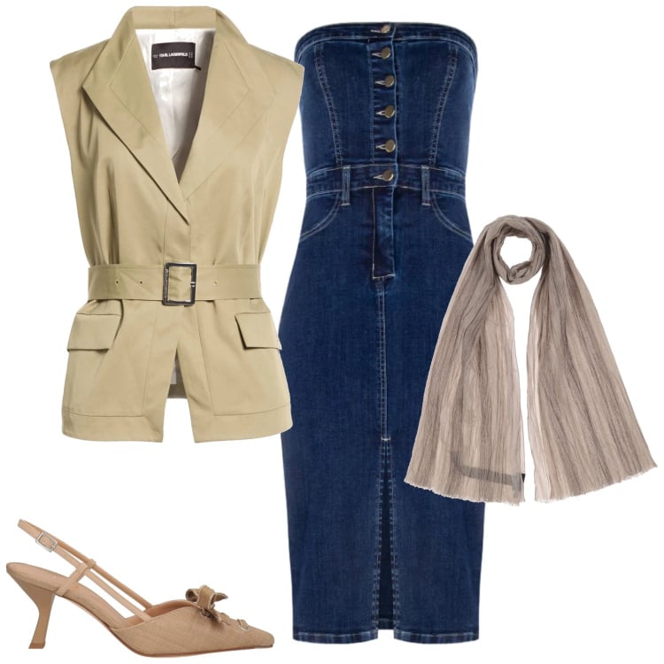 Outfit donna - Abito in jeans. Stile Casual chic per Serata fuori. Abbinamento con cinture, sciarpe, décolleté, vestiti a tubino.