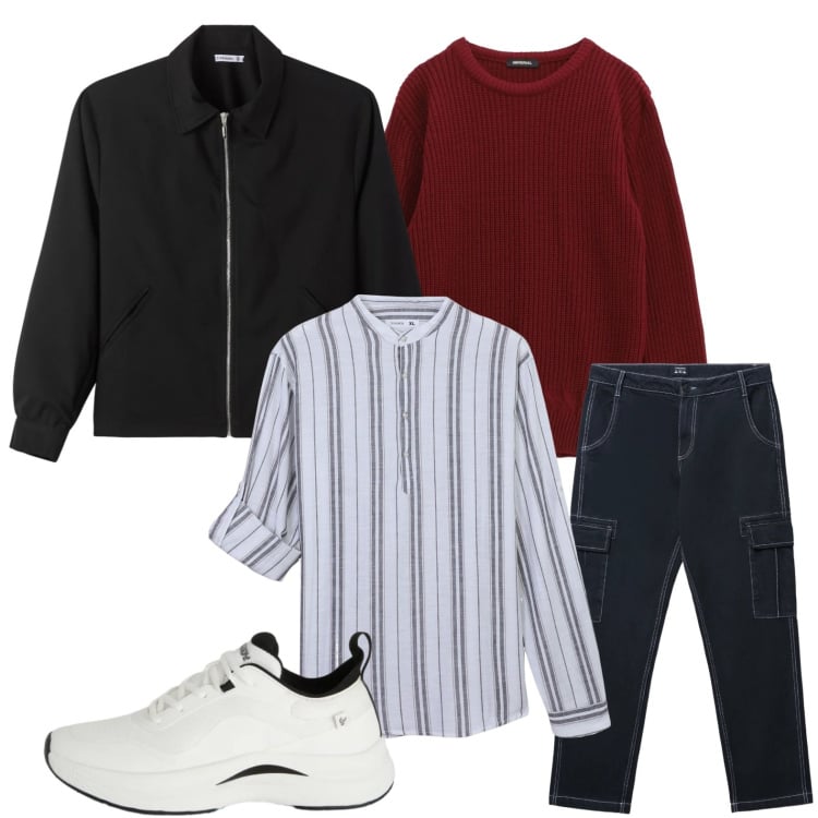 Outfit uomo - Minimal. Stile Casual per Tutti i giorni. Abbinamento con maglieria, camicie, pantaloni cargo, bomber, sneakers.