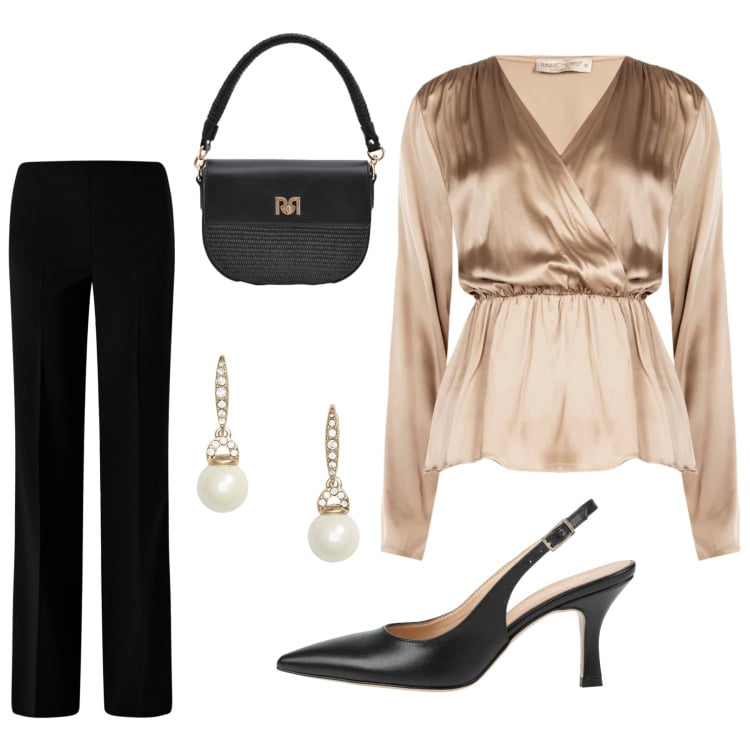 Outfit donna - Serata in eleganza. Stile Chic per Serata fuori. Abbinamento con décolleté, bluse, pantaloni a palazzo, borse a spalla, orecchini.