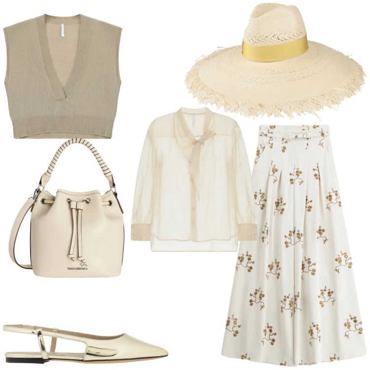 Outfit donna - Total look #2358361. Stile Romantica per Tutti i giorni. Abbinamento con cappelli, ballerine, borse a secchiello, pantaloni a palazzo, camicie, top.