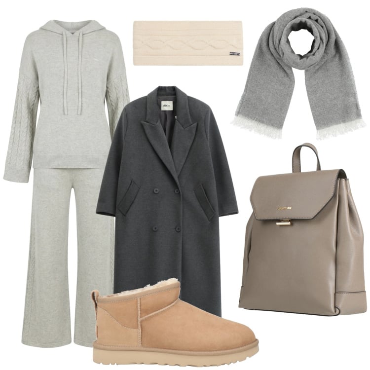 Outfit donna - Winter 2026/2027. Stile Basic per Tutti i giorni. Abbinamento con zaini, sciarpe, stivaletti, tute, cappotti, accessori per capelli.
