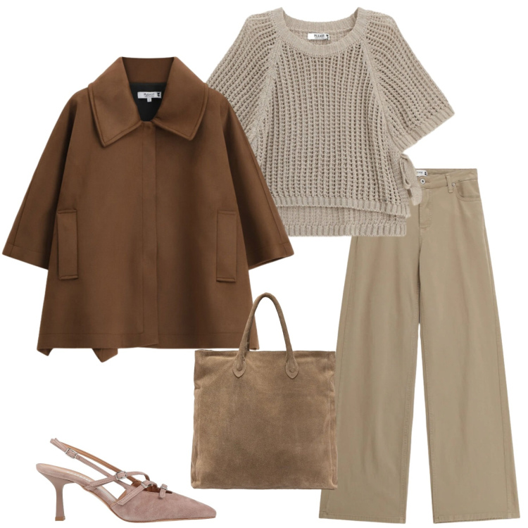 Outfit donna - Marzo. Stile Casual chic per Ufficio. Abbinamento con décolleté, top, cappotti, pantaloni, borse a mano.
