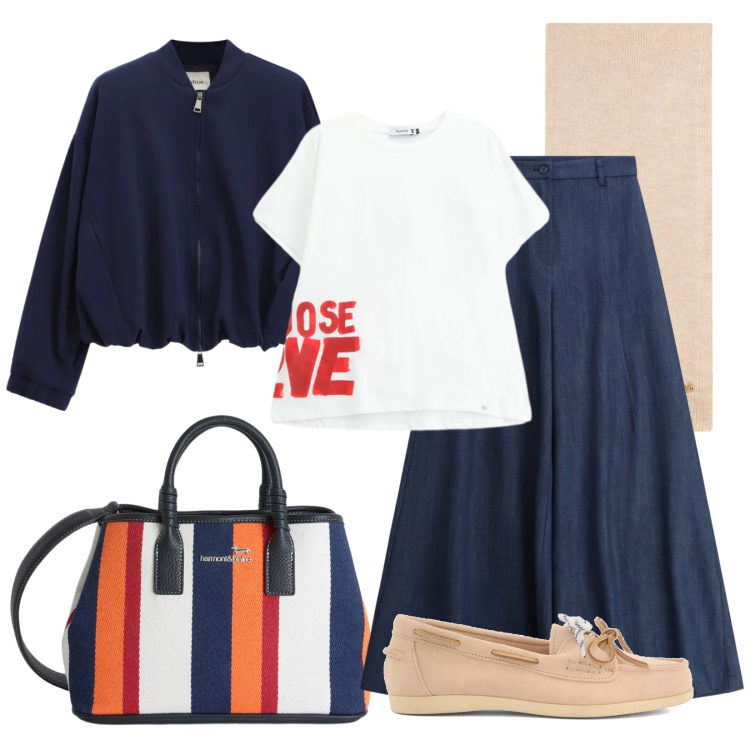 Outfit donna - Blu come lo spazio. Stile Casual per Tutti i giorni. Abbinamento con shopping bag, pantaloni a palazzo, bomber, t-shirt, sciarpe, mocassini.