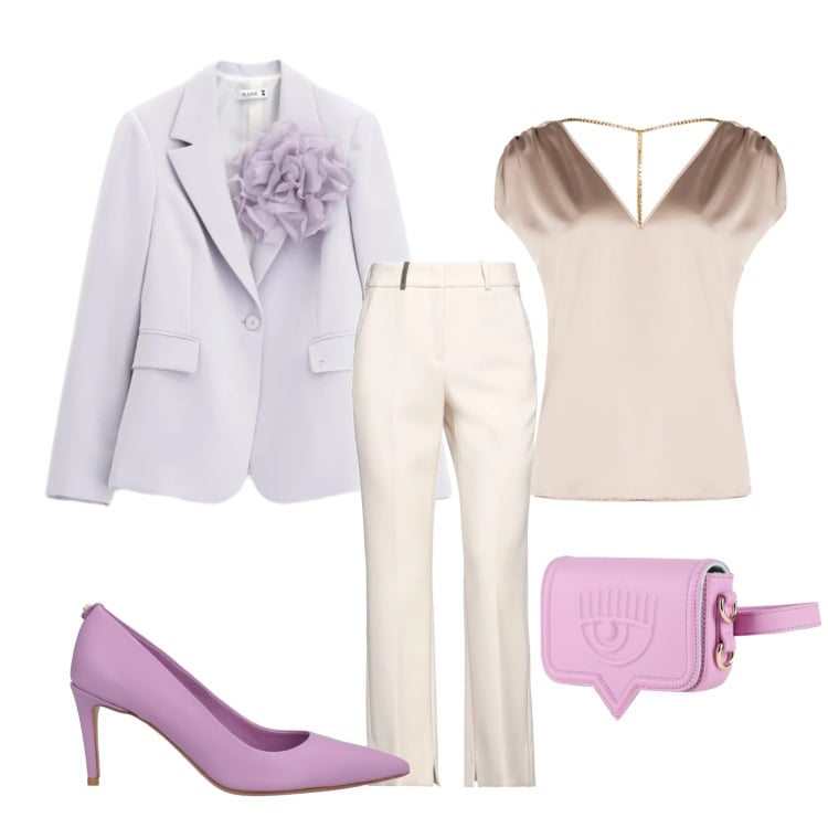 Outfit donna - Focus donna curvy coi colori pastello. Stile Romantica per Cerimonia. Abbinamento con marsupi, décolleté, pantaloni, blazer, top.