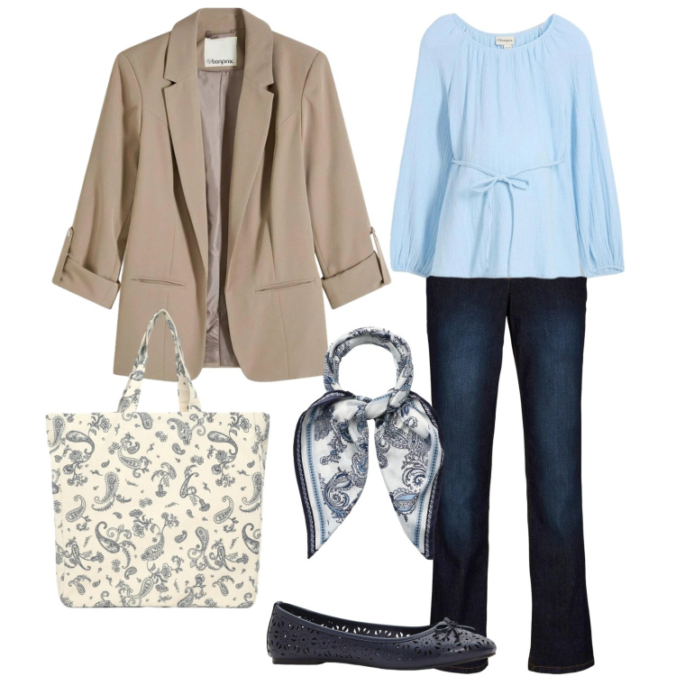 Outfit donna - Fantasie su tono. Stile Casual per Tutti i giorni. Abbinamento con bluse, jeans dritti, blazer, ballerine, shopping bag, foulard.