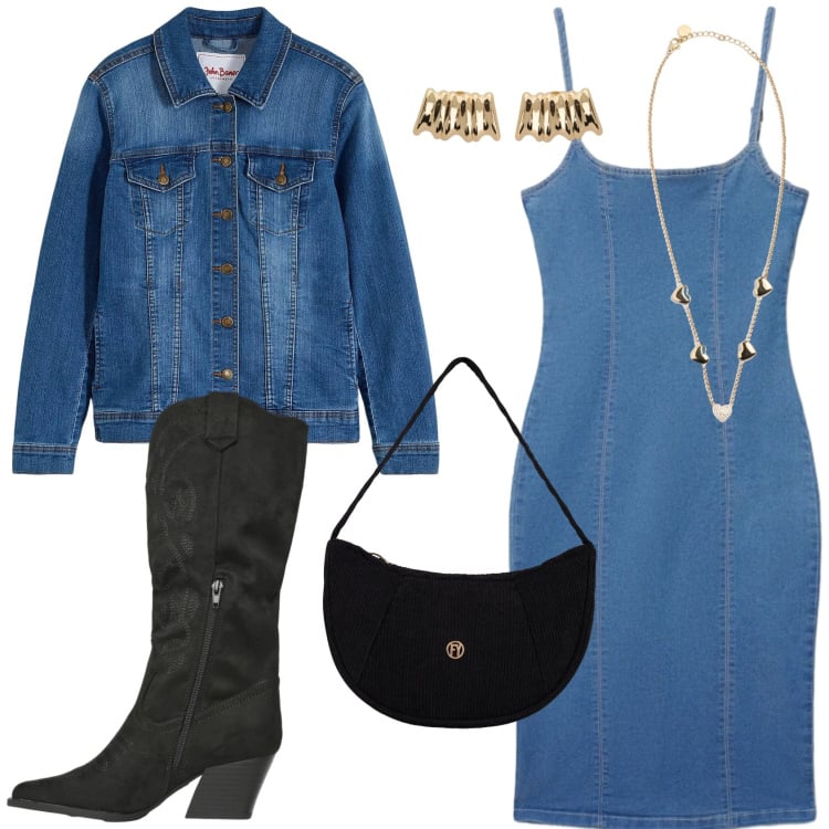 Outfit donna - Denim Total Look. Stile Urban per Tutti i giorni. Abbinamento con blazer, stivali, vestiti midi/longuette, orecchini, collane, borse a mano.