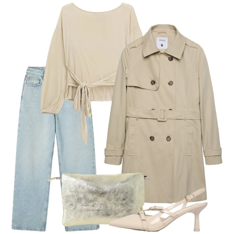 Outfit donna - Sabbia. Stile Casual chic per Tutti i giorni. Abbinamento con jeans, décolleté, trench, top, borse a spalla.