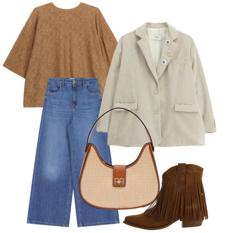 Outfit donna - Marzo. Stile Casual per Tutti i giorni. Abbinamento con bluse, stivaletti texani, pantaloni a palazzo, blazer, borse a spalla.