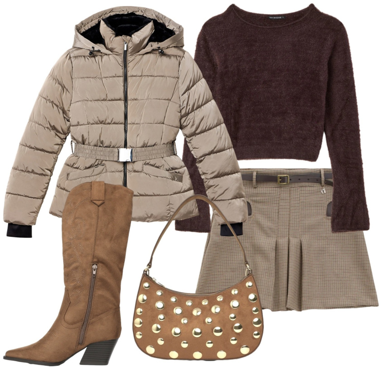 Outfit donna - Total look #2358394. Stile Basic per Scuola/Università. Abbinamento con piumini, stivali, borse a tracolla, pullovers, minigonne.