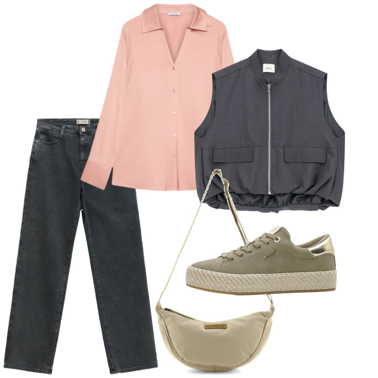 Outfit donna - Marzo. Stile Basic per Tutti i giorni. Abbinamento con sneakers, camicie, blazer, jeans dritti, borse a tracolla.