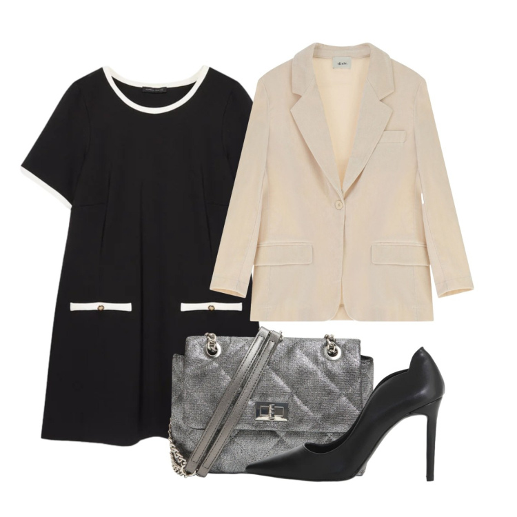 Outfit donna - Primavera. Stile Bon Ton per Tutti i giorni. Abbinamento con borse a tracolla, vestiti corti, décolleté, blazer.