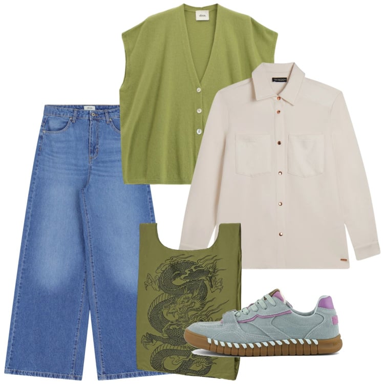 Outfit donna - Spring. Stile Basic per Tutti i giorni. Abbinamento con jeans, gilet, camicie, shopping bag, sneakers.