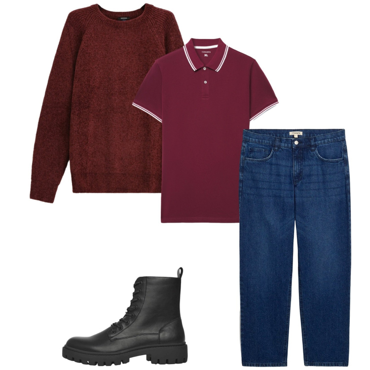 Outfit uomo - Total look #2358407. Stile Urban per Tutti i giorni. Abbinamento con jeans dritti, maglieria, anfibi, polo.