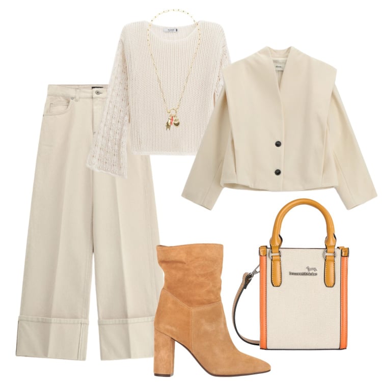 Outfit donna - City time. Stile Trendy per Tutti i giorni. Abbinamento con stivaletti, borse tote, blazer, pantaloni a palazzo, maglieria, ciondoli.