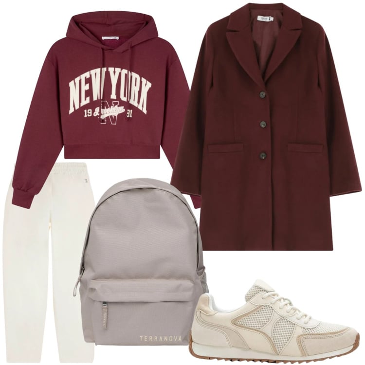 Outfit donna - N.y.c.. Stile Urban per Tutti i giorni. Abbinamento con sneakers alte, zaini, felpe con cappuccio, pantaloni, cappotti.