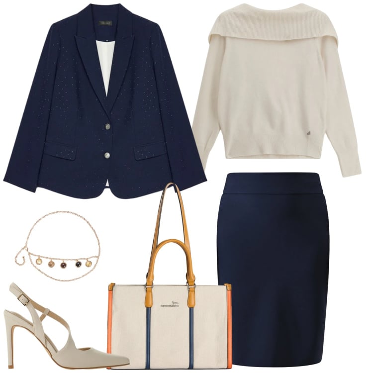 Outfit donna - Il maglione inaspettato. Stile Sexy per Serata fuori. Abbinamento con borse tote, décolleté, cinture, blazer, maglieria, gonne.