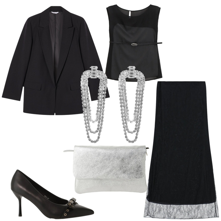 Outfit donna - Total look #2358418. Stile Glamour per Serata fuori. Abbinamento con orecchini, blazer, top, décolleté, gonne lunghe, borse a spalla.