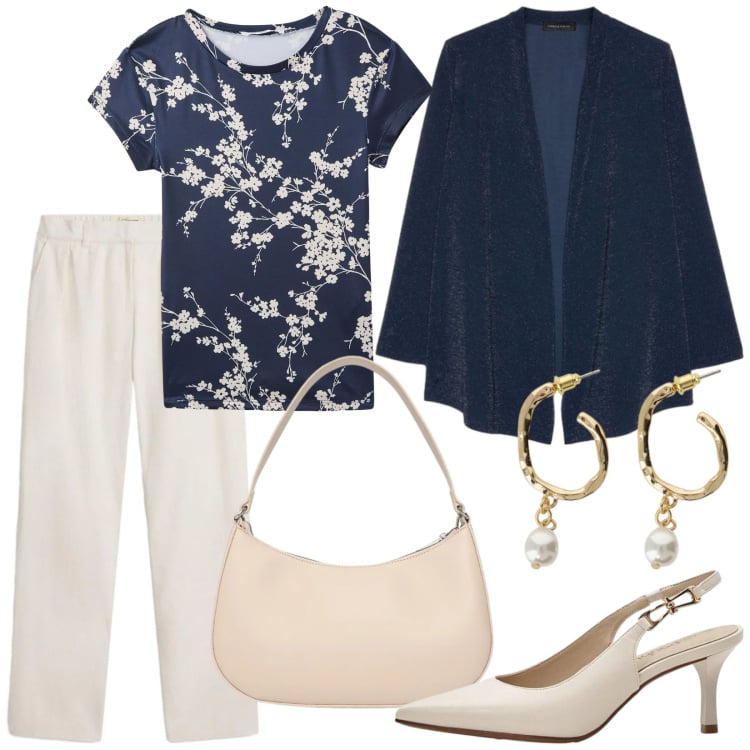 Outfit donna - Fiori delicati. Stile Casual chic per Ufficio. Abbinamento con pantaloni, décolleté, t-shirt, borse a tracolla, cardigans, orecchini.