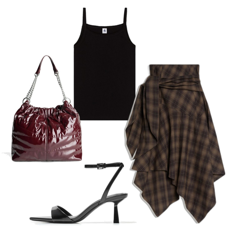 Outfit mujer - Casual chic. Estilo Casual chic para Todos los días. Combinación con camisetas sin mangas, bolsos saco, sandalias de tacón, falda longuette.