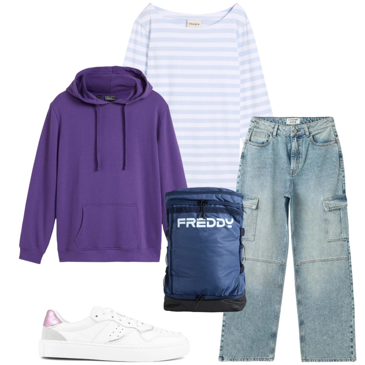 Outfit donna - Total look #2358426. Stile Casual per Tutti i giorni. Abbinamento con maglieria, felpe con cappuccio, jeans, zaini, sneakers.