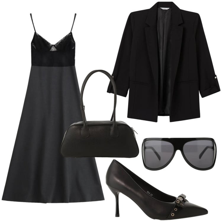 Outfit donna - Dark lady. Stile Basic per Serata fuori. Abbinamento con blazer, occhiali da sole, décolleté, vestiti lunghi, borse a mano.