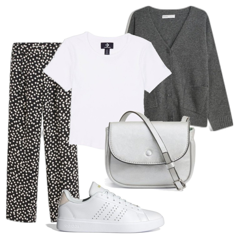 Outfit mujer - Urban look. Estilo Urban para Todos los días. Combinación con cárdigans, sneakers, camiseta, pantalones palazzo, bolsos de mano.