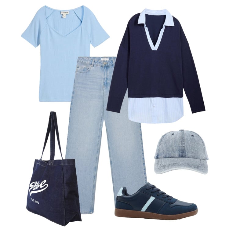 Outfit donna - La maglia con camicia. Stile Casual per Tutti i giorni. Abbinamento con maglieria, sneakers, t-shirt, cappelli con visiera, jeans, shopping bag.