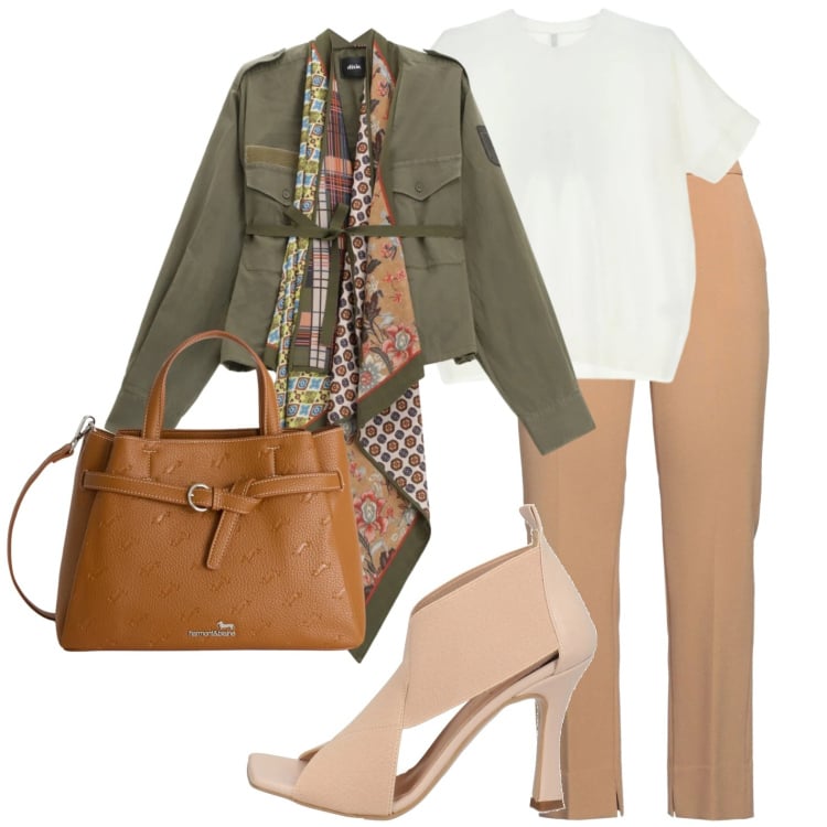 Outfit donna - Curvy e cool con giacca militare. Stile Military per Tutti i giorni. Abbinamento con sandali in pelle, pantaloni, borse a mano, t-shirt, blazer.