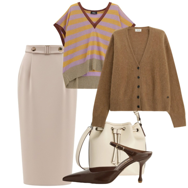 Outfit donna - Bon ton. Stile Bon Ton per Ufficio. Abbinamento con borse a secchiello, cardigans, décolleté, maglieria, gonne longuette.