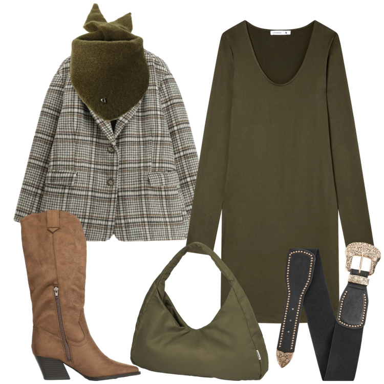 Outfit donna - Total look #2358465. Stile Trendy per Tutti i giorni. Abbinamento con vestiti, cinture, stivali, foulard, blazer, borse a spalla.