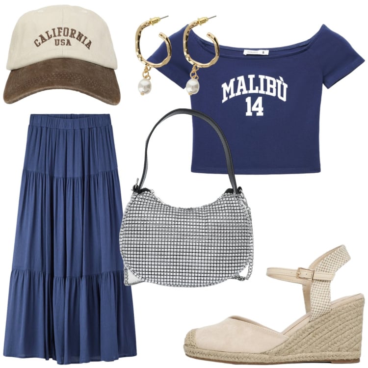 Outfit donna - Casual in blu. Stile Urban per Tutti i giorni. Abbinamento con borse a spalla, gonne lunghe, zeppe, cappelli con visiera, t-shirt, orecchini.