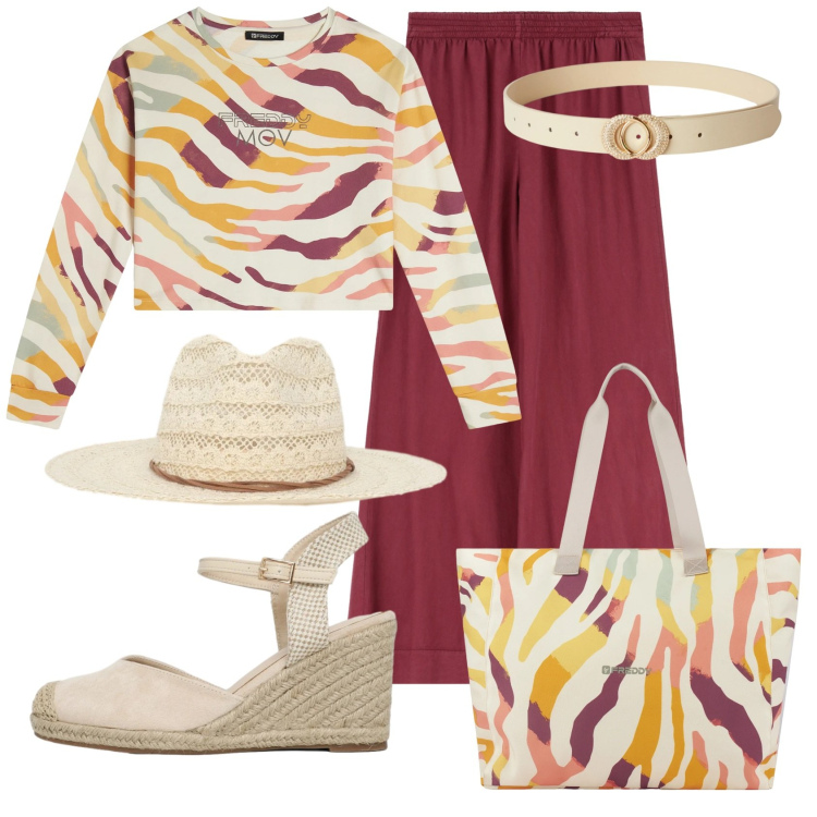 Outfit donna - Total look #2358475. Stile Basic per Tutti i giorni. Abbinamento con cinture, cappelli, zeppe, pantaloni a palazzo, felpe, shopping bag.