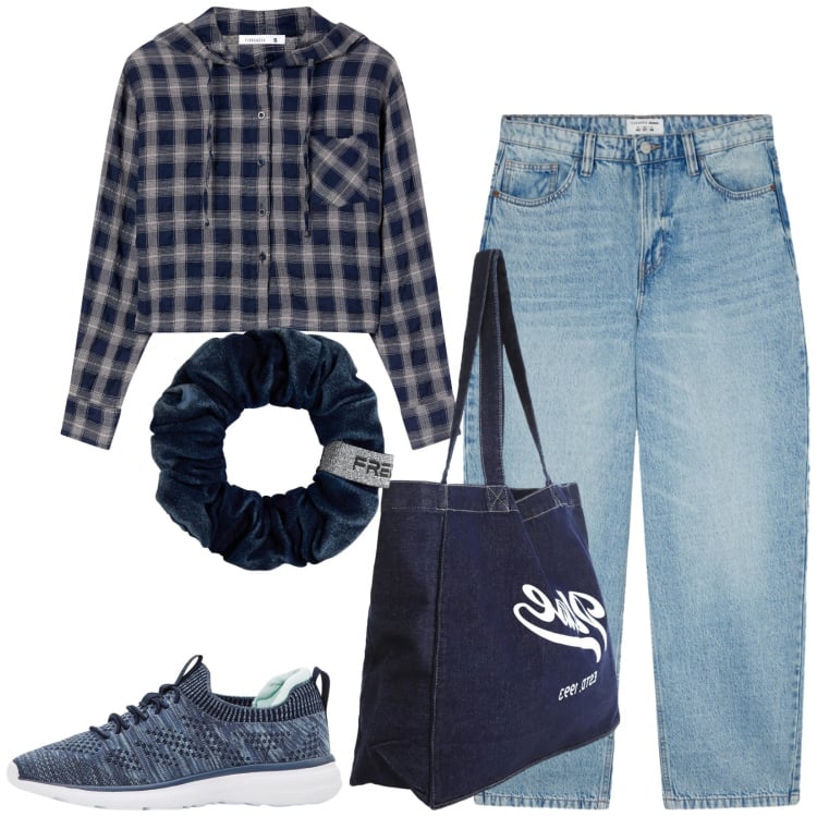 Outfit donna - Total look #2358478. Stile Basic per Tutti i giorni. Abbinamento con sneakers, jeans, camicie, shopping bag, accessori per capelli.