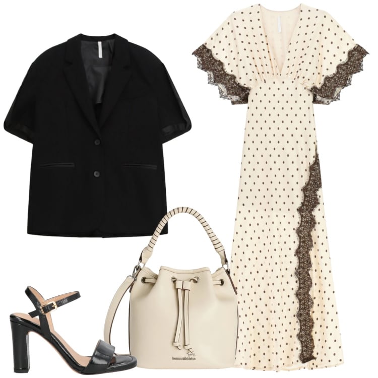 Outfit donna - Panna e nero. Stile Romantica per Cerimonia. Abbinamento con sandali in pelle, borse a secchiello, vestiti lunghi, blazer.