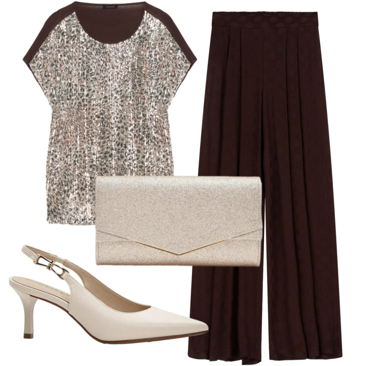 Outfit donna - Total look #2358496. Stile Chic per Serata fuori. Abbinamento con décolleté, bluse, pantaloni a palazzo, clutch.