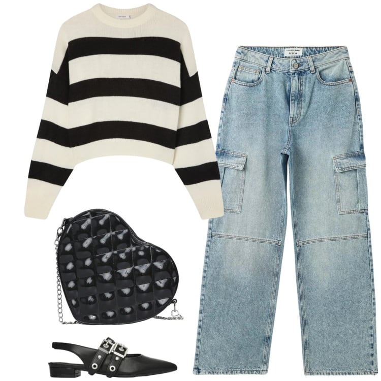 Outfit donna - A scuola con amore. Stile Casual per Scuola/Università. Abbinamento con jeans, maglieria, ballerine, borse a tracolla.