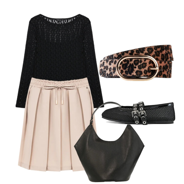 Outfit donna - Pieghe. Stile Preppy per Tutti i giorni. Abbinamento con cinture, t-shirt, borse a spalla, minigonne, ballerine.