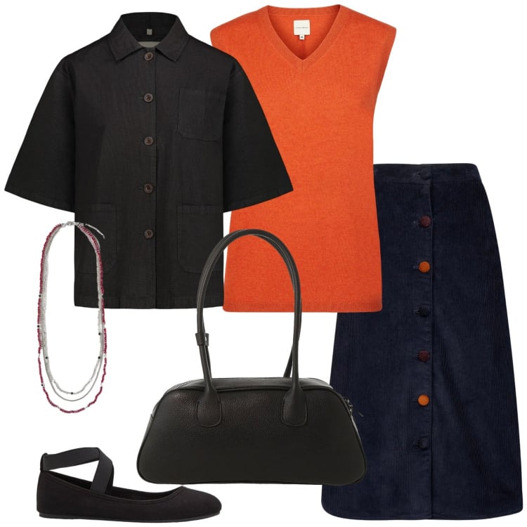 Outfit donna - Tanti bottoni. Stile Casual per Tutti i giorni. Abbinamento con ballerine, collane, borse a mano, gonne longuette, maglieria, blazer.