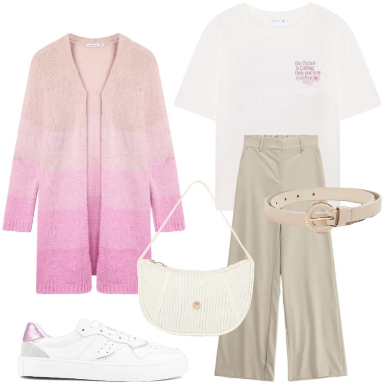 Outfit donna - Colori pastello per la primavera. Stile Casual per Tutti i giorni. Abbinamento con cinture, t-shirt, cardigans, pantaloni a palazzo, borse a mano, sneakers.