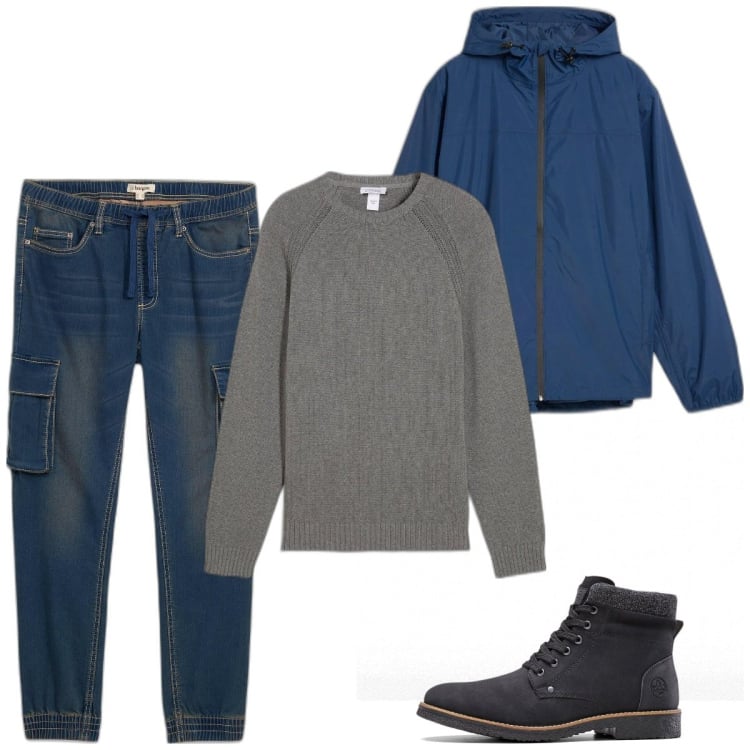 Outfit homme - Casual #4828. Style Casual pour Tous les jours. Assortir avec bottes, jean déchiré, imperméable, pulls.
