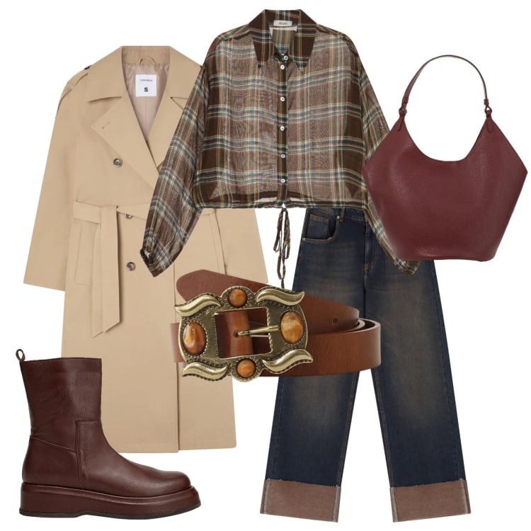 Outfit donna - Total look #2358524. Abbinamento con stivaletti, trench, camicie, jeans, borse a spalla, cinture.