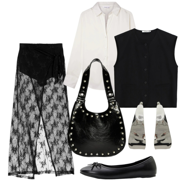 Outfit donna - Trasparenze serali. Stile Chic per Serata fuori. Abbinamento con ballerine, camicie, borse a spalla, orecchini, gonne lunghe, gilet.