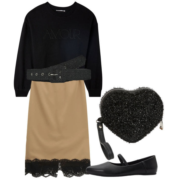 Outfit donna - La felpa di sera. Stile Chic per Serata fuori. Abbinamento con ballerine, portafogli, cinture, felpe, gonne longuette.