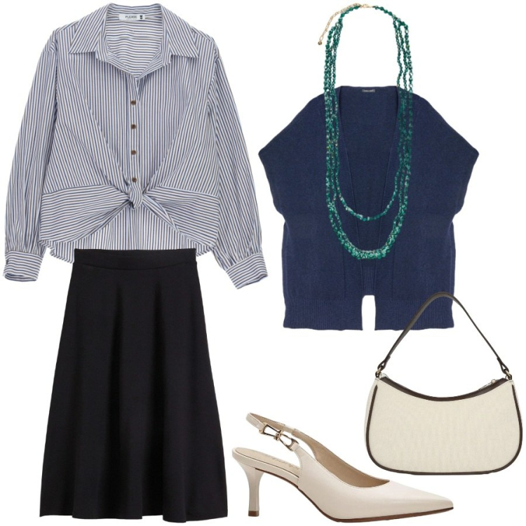 Outfit donna - Total look #2358539. Stile Casual chic per Ufficio. Abbinamento con gonne longuette, décolleté, borse a tracolla, collane, gilet, camicie.